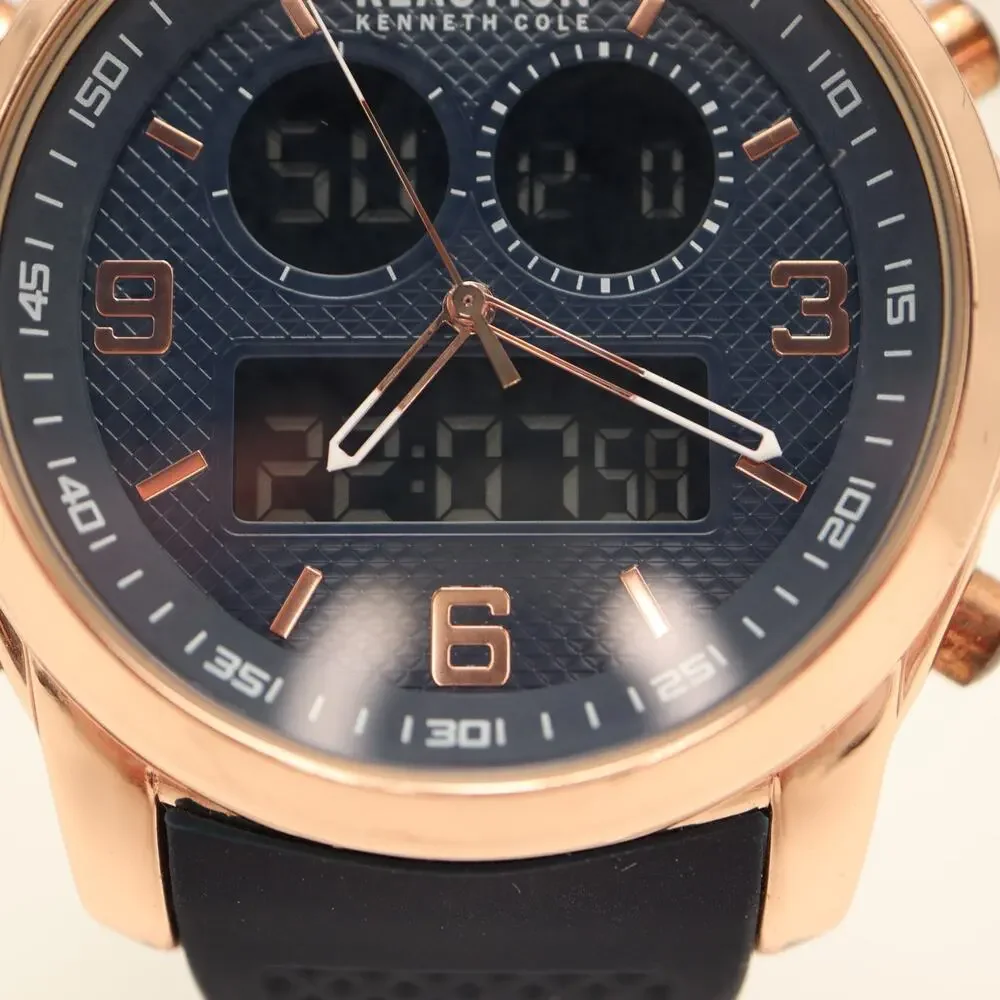 Kenneth Cole Reaction Mens Ana Digi Rose Gold Blue Tone 47mm Watch w New Battery